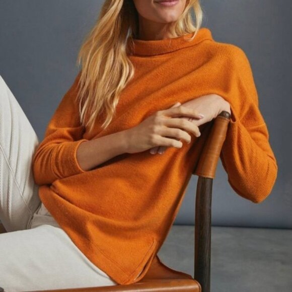 Anthropologie Rib Knit Funnel Neck‎ Sweater Oversized Orange Long Sleeve Boho XS - Picture 1 of 14